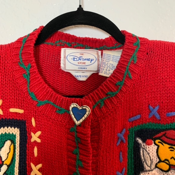 The Disney Store Winnie the Pooh Christmas Knit Cardigan Size Small Red VTG Rare - Picture 4 of 16